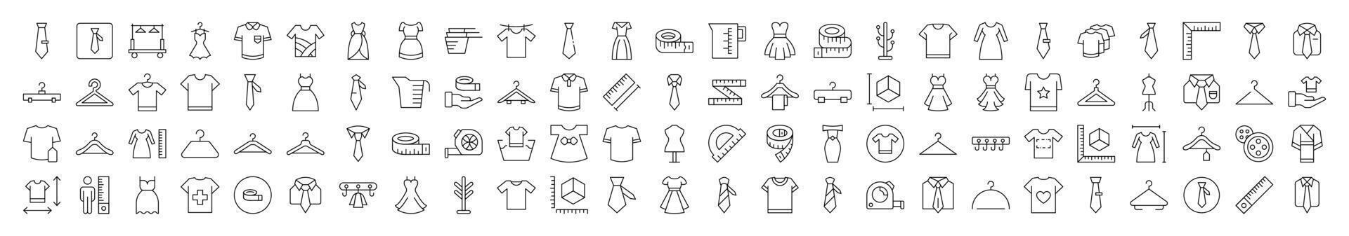 Pack of Sewing and Garment Related Line Icons. Editable Stroke for Design, Web Sites, Apps, Cards. Contains Linear Images of T Shirt, Dress, Tie, Measuring Tape, Rack vector