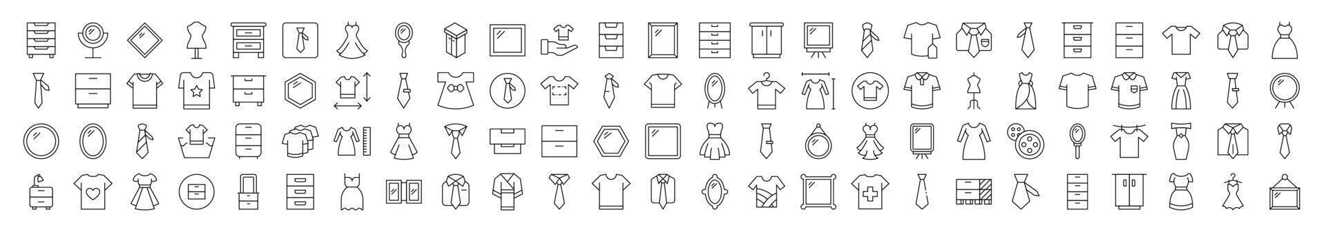 Pack of Line Icons of Closet, Wardrobe, Mirror, Dress, T Shirt. Editable Stroke. Minimalistic Linear Pictogram for Design of Cards, Apps, Banners, Posts vector