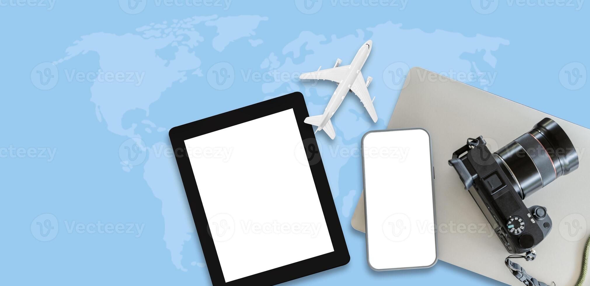 Top view of smartphone mockup screen with copy space. Camera on map. Blue background. photo
