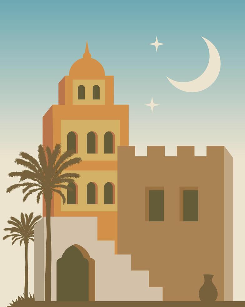 traditional southern Arabic architectural style, moroccan town flat illustration vector