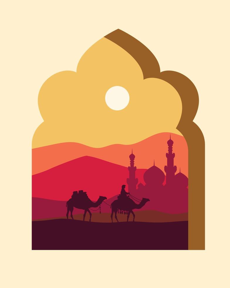 Caravan traveling in sahara desert on arabic windows style vector