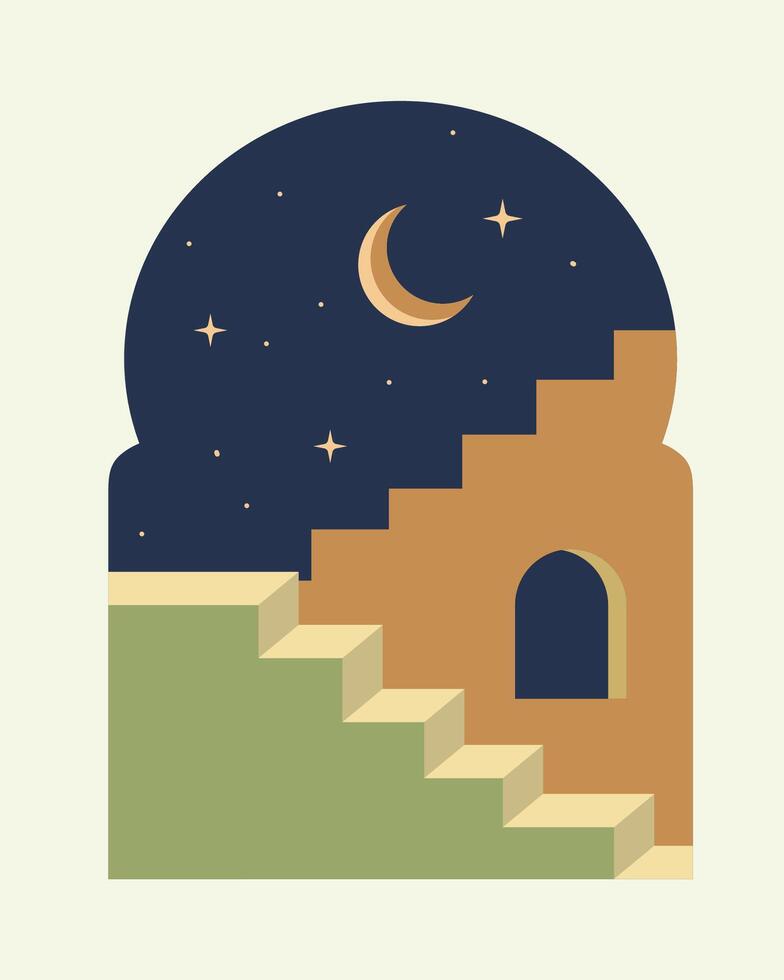 Modern abstract aesthetic landscape, stairs and moon on traditional moroccan window vector
