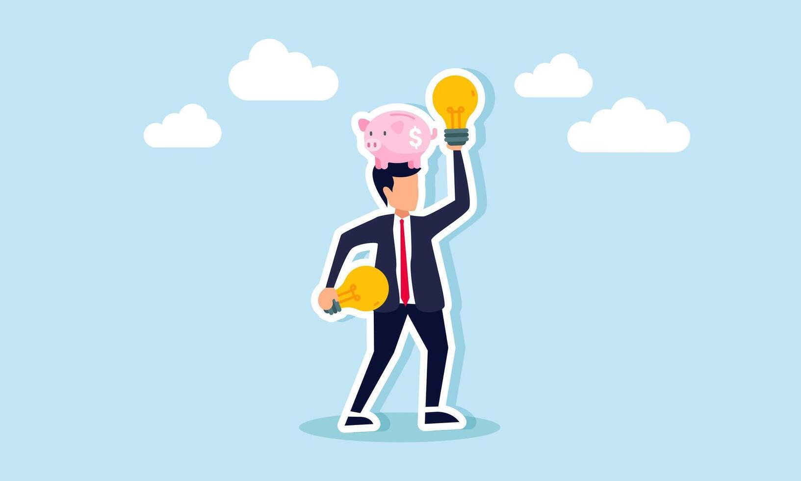 A businessman holding a lamp with a piggy bank above his head, illustration of the importance of applying ideas and innovations to increase business investment vector