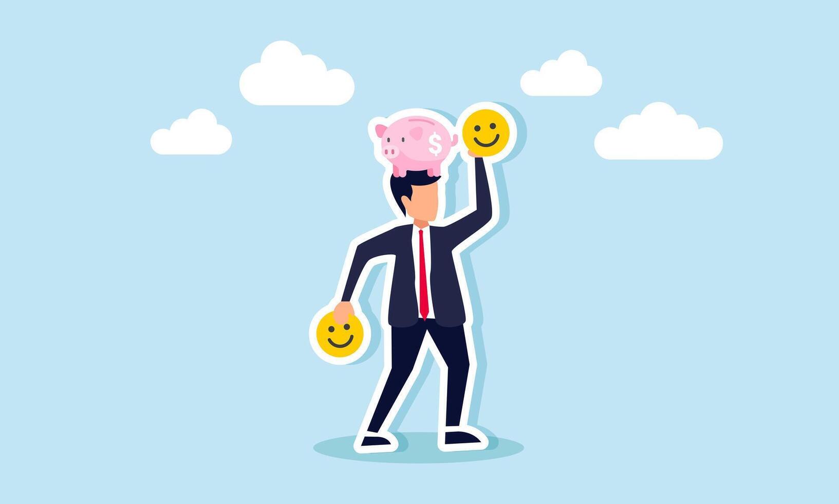 A businessman holding a happy emoticon with a piggy bank above his head, illustration of the importance of maintaining market attention and business investment vector