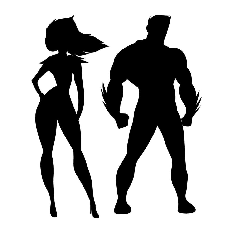 Superhero couple silhouettes Powerful duo, ideal for comics and design projects vector