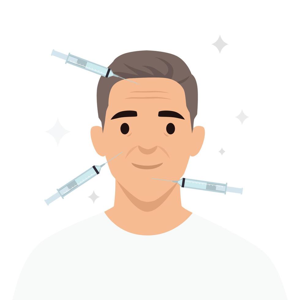 Mature man with wrinkles have skincare face injection for smooth skin. vector