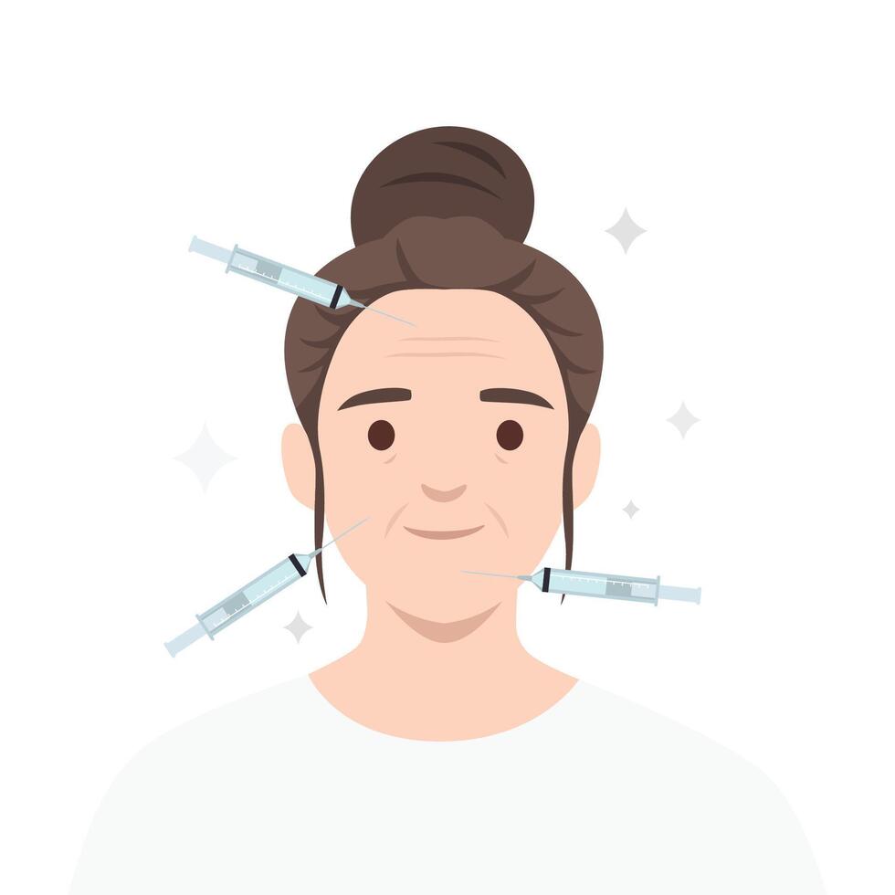 Mature woman with wrinkles have skincare face injection for smooth skin. vector