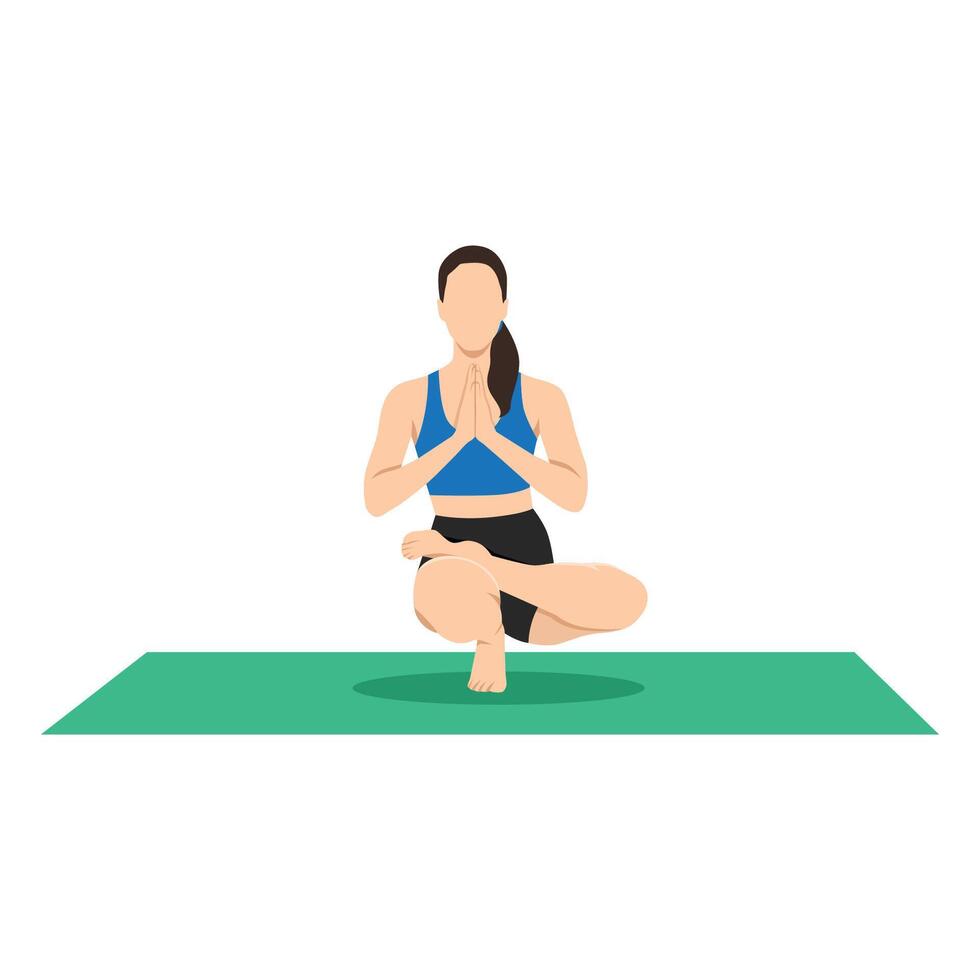 Woman doing samatvamasana sitting on rug performs complicated asana. vector