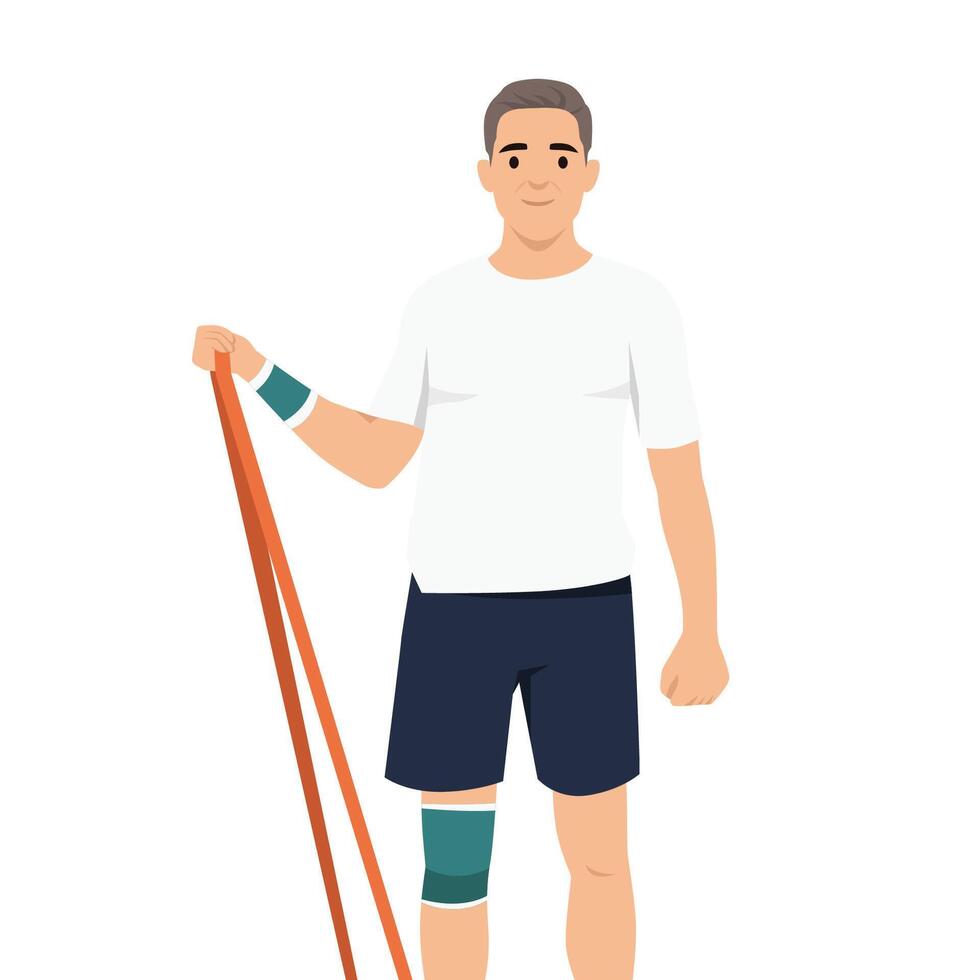 Elderly Man Exercising With a Resistance Band. vector