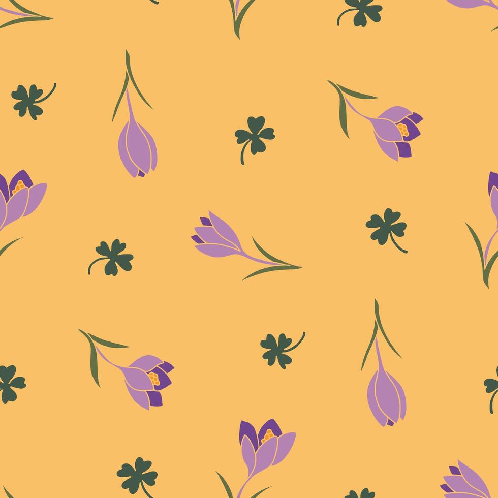 Crocus Flower Clover Seamless Pattern illustration for Print, Wallpaper, Decoration. vector