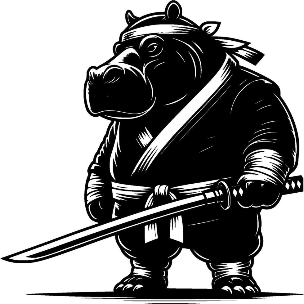 Ninja fighter hippo armed with katana sword in fighting stance in monochrome. Wild hippopotamus animal warrior. Tattoo minimalistic in black ink drawing on white background vector