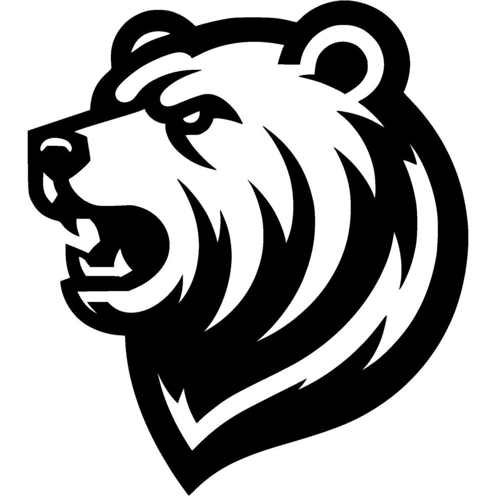 Tattoo of angry growling grizzly bear head in monochrome. Wild bear in madness. Engraving minimalistic in black ink drawing on white background vector
