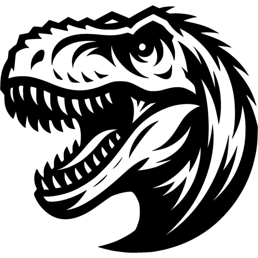 Tattoo of angry roaring predatory dinosaur side view head in monochrome. Wild tyrannosaur in madness. Engraving minimalistic in black ink drawing on white background vector