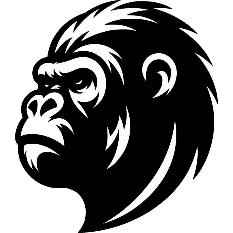 Tattoo of angry gorilla face head in monochrome. Wild ape in madness. Engraving minimalistic in black ink drawing on white background vector