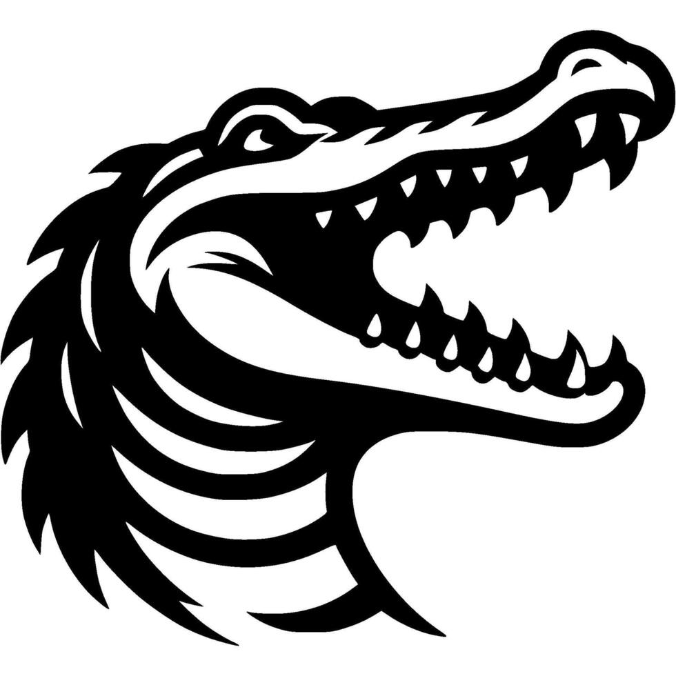 Tattoo of angry roaring alligator side view head in monochrome. Wild crocodile in madness. Engraving minimalistic in black ink drawing on white background vector
