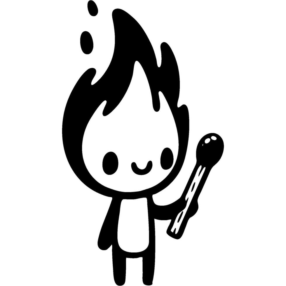 Fire character prepares to light match in monochrome. Careful handling of matches and fire. Simple minimalistic in black ink drawing on white background vector