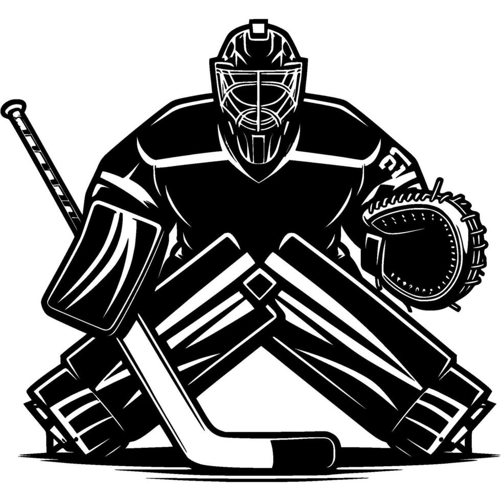 Hockey goalies prepare to repel an opponent attack in monochrome. Simple minimalistic in black ink drawing on white background vector