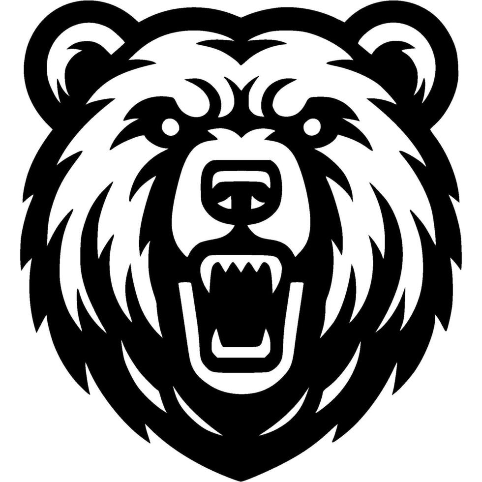Tattoo of angry Bear front view head in monochrome. Wild grizzly in madness. Engraving minimalistic in black ink drawing on white background vector
