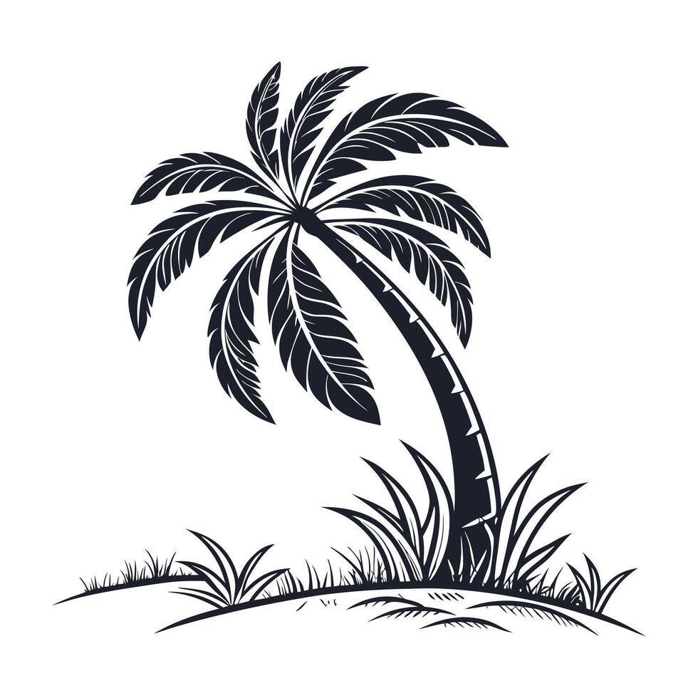 A stylized, black and white silhouette of a palm tree, subtly detailed, standing on a small island or beach with some grass. vector