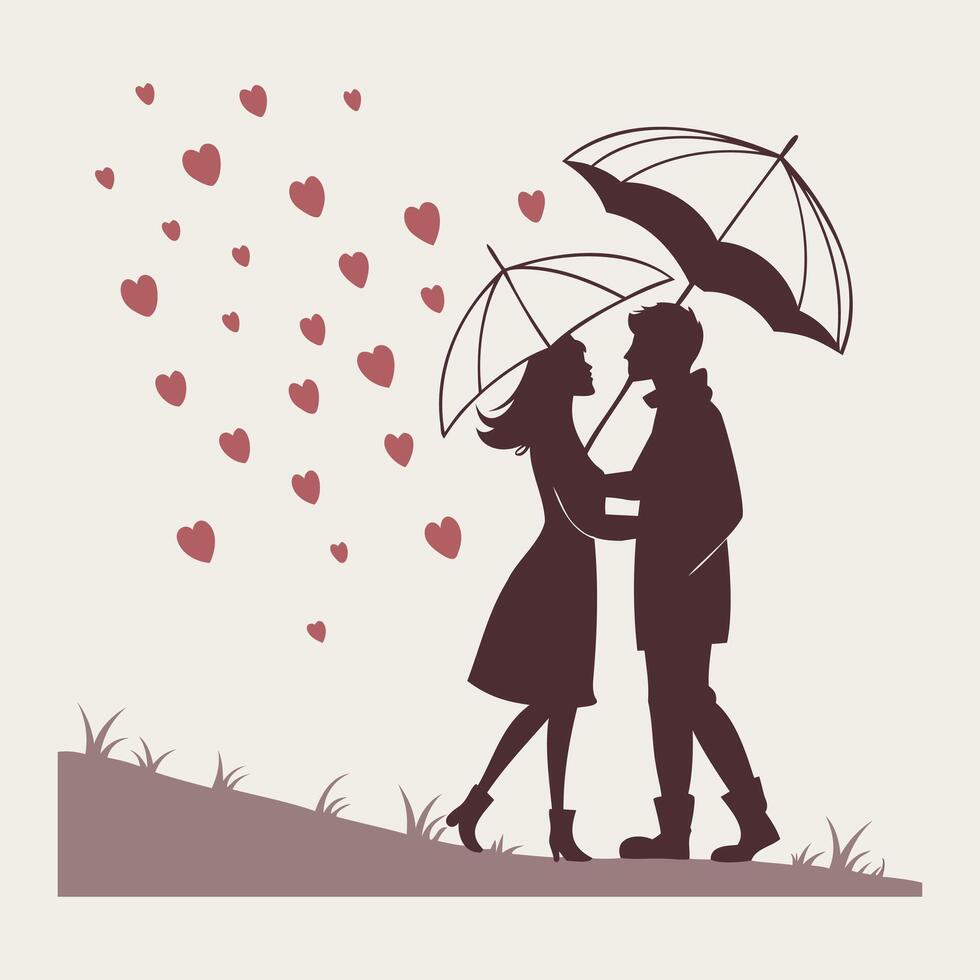 Romantic Couple Silhouette under a Heart Umbrella Art For Valentine's Day vector