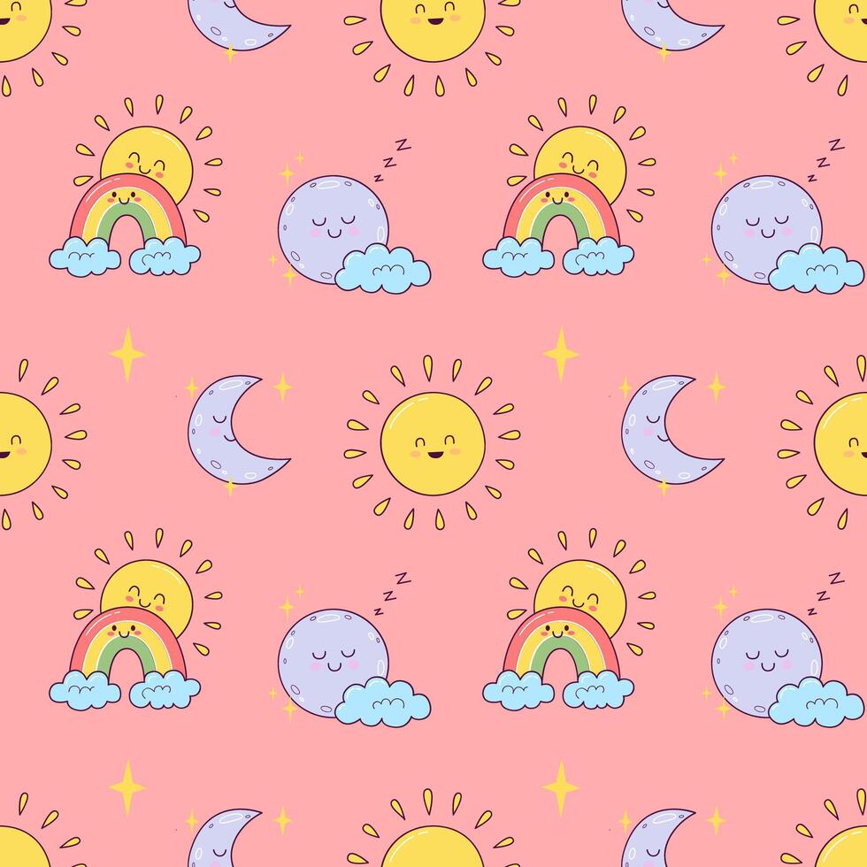 Cute seamless pattern with kawaii clouds, rainbow, and stars. pattern for fabric, wallpaper, wrapping paper, kids apparel, baby product. vector