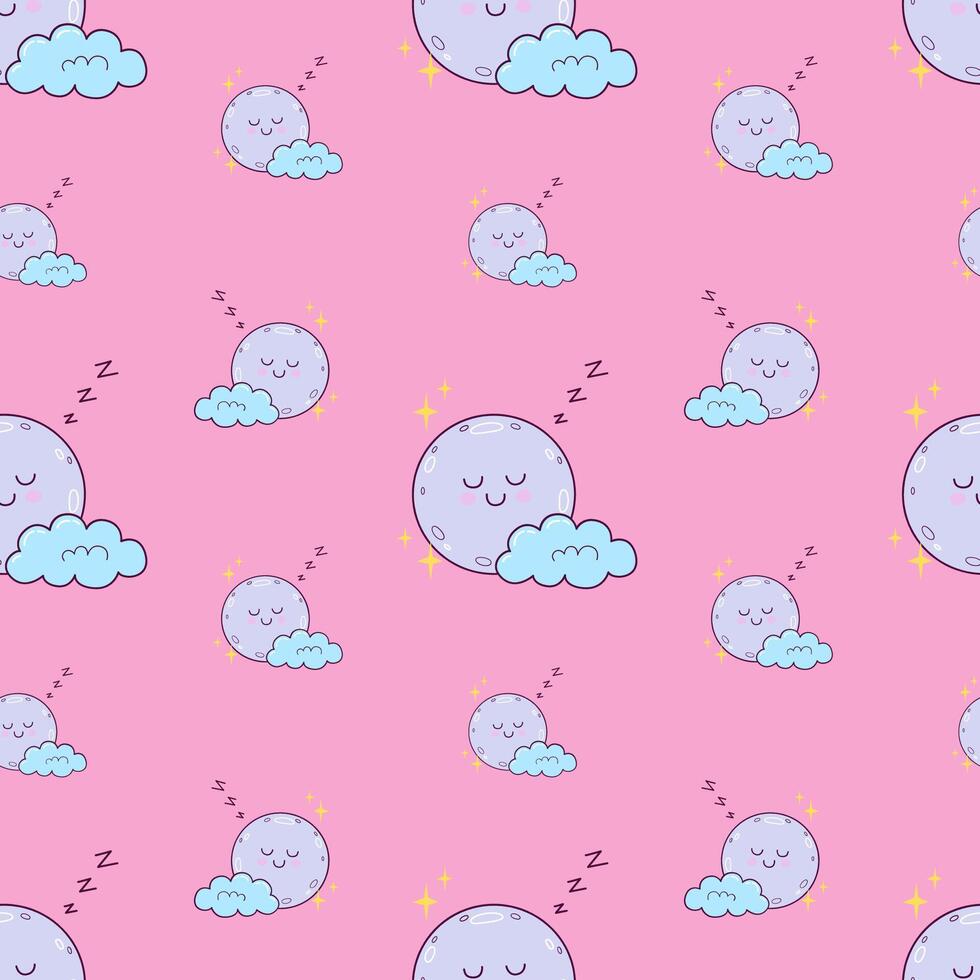 seamless pattern for children with cute character of cloudy moon on pink background. kids background for wrapping vector
