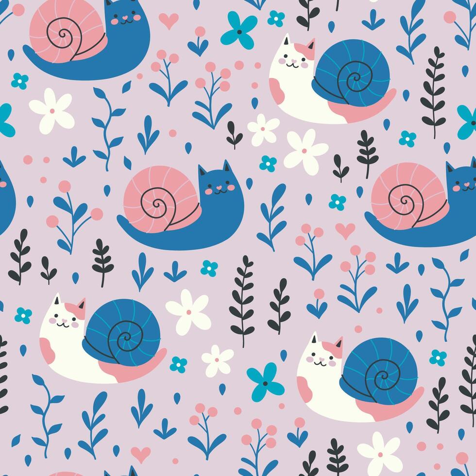 Seamless pattern with cute cats snails. graphics vector