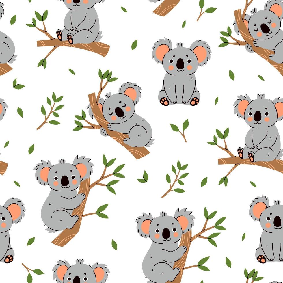 Seamless pattern with cute koalas on a white background. graphics. vector