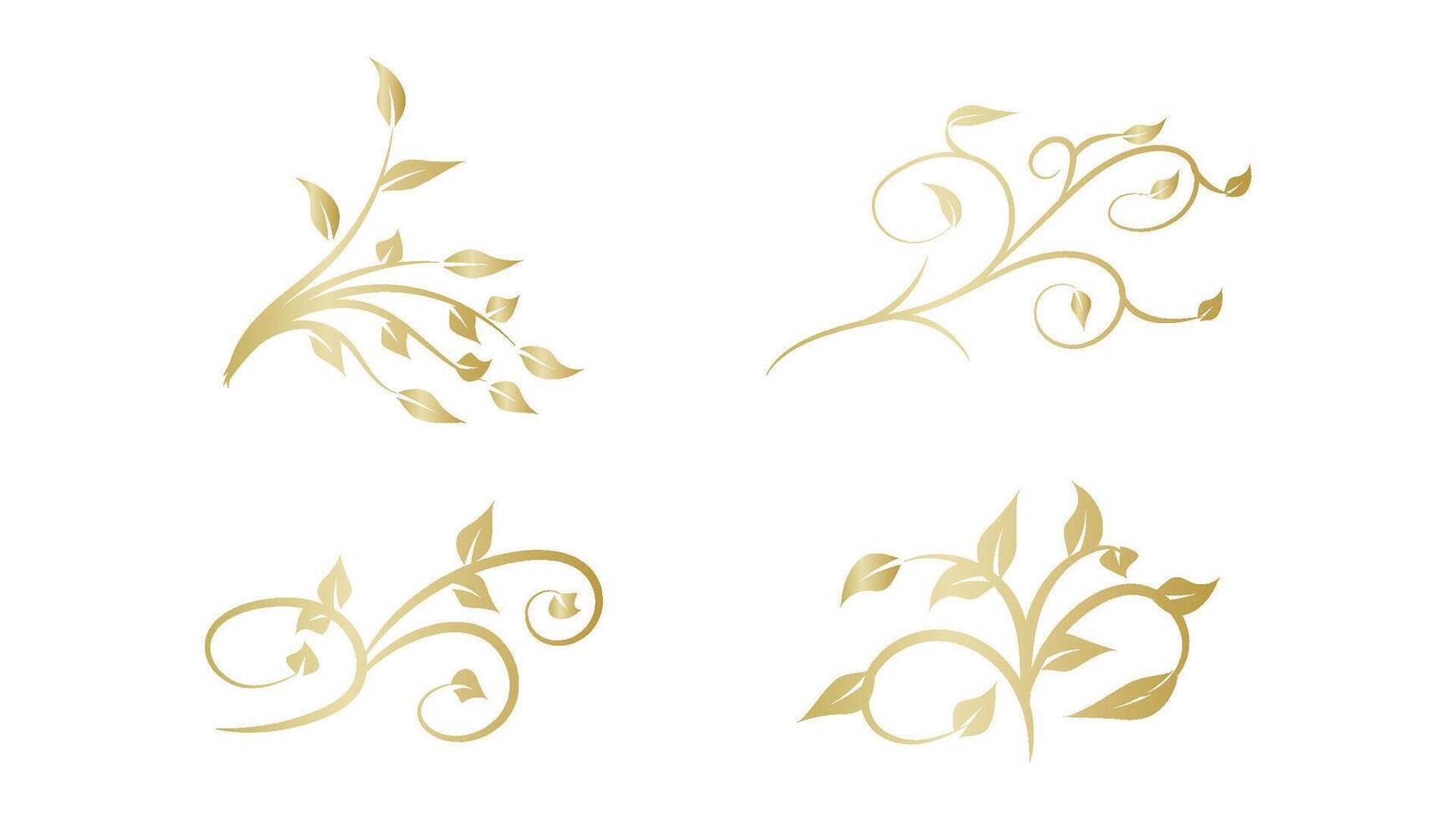 floral with gold artistic swirl line design set isolated on white background vector