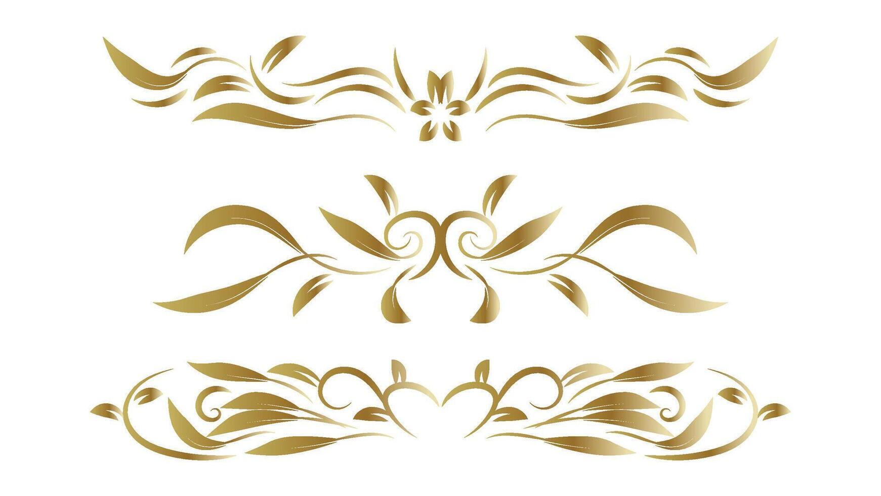 floral swirl line decoration set. gold text dividers and frame element isolated on white background vector