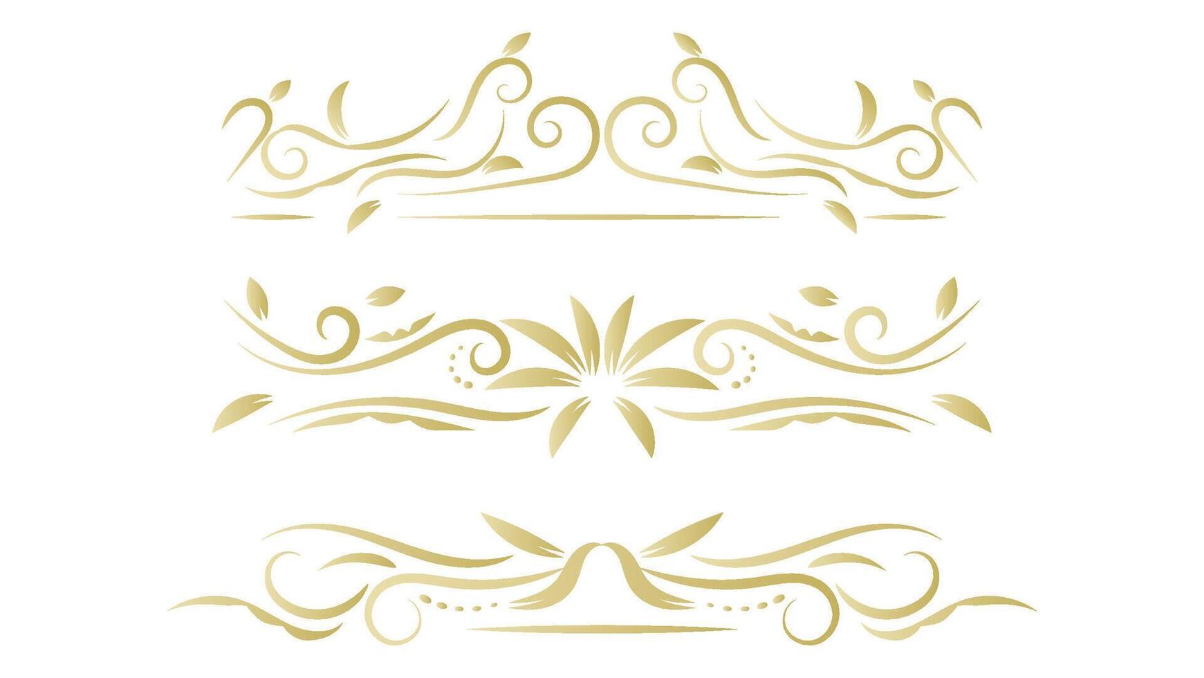 golden floral swirl line drawn isolated on white background. set of elements for design vector