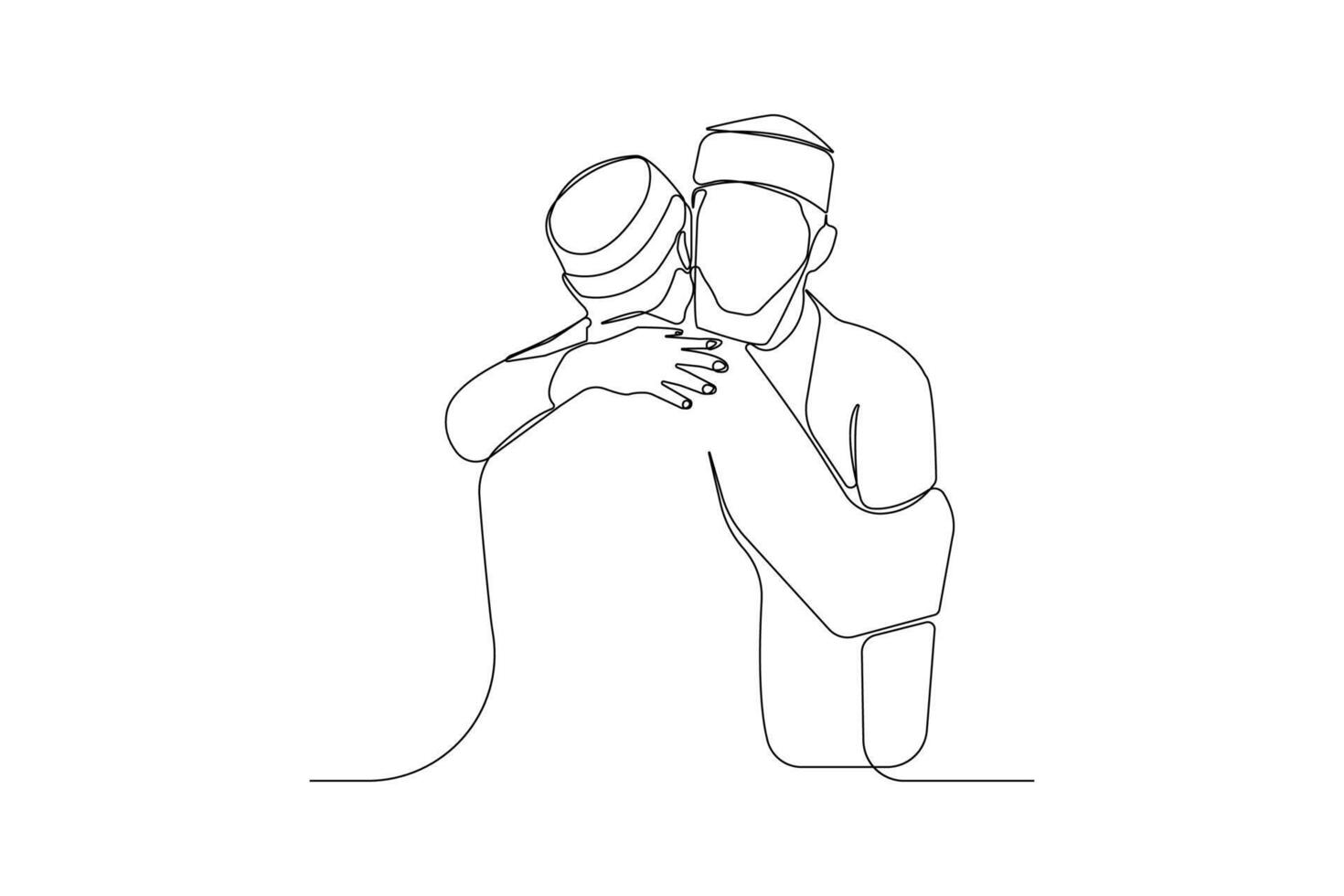 Two Muslim brothers hugging on occasion of Eid continuous single line art isolated on white background vector