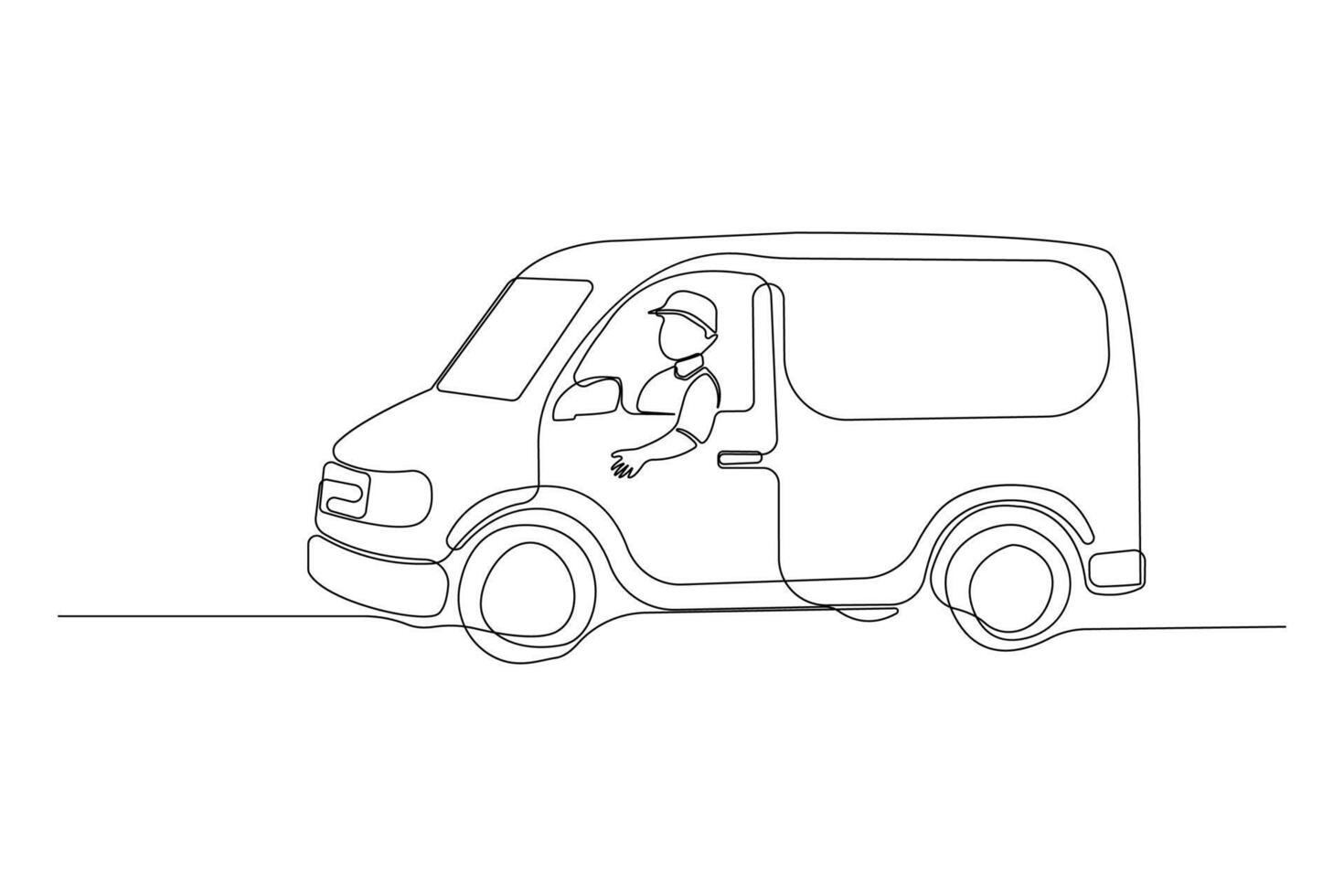 Continuous line art drawing of delivery car. Delivery man continuous outline . vector