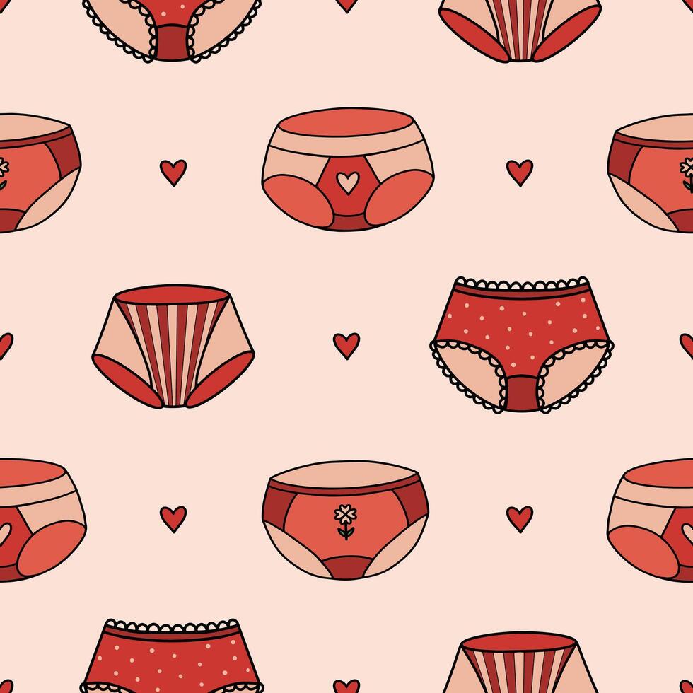 A seamless doodle-style pattern featuring various shapes of women's panties, surrounded by delicate heart motifs. vector