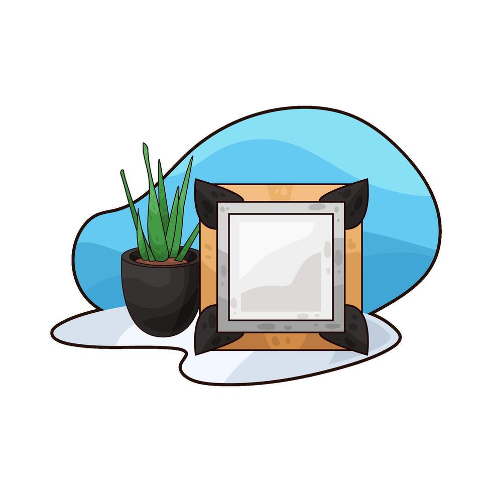 illustration of empty photo frame next to a potted plant vector