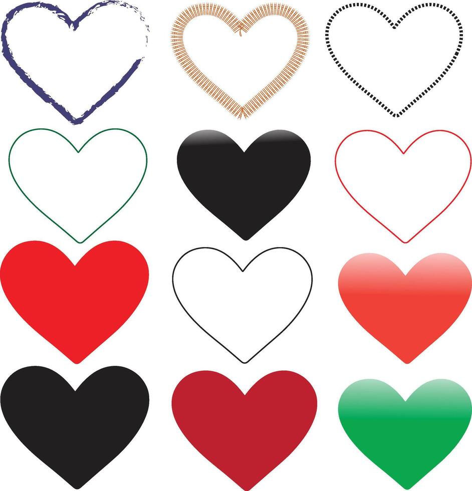 Nine Unique HeartShaped Icons in Different Colors and Sizes vector