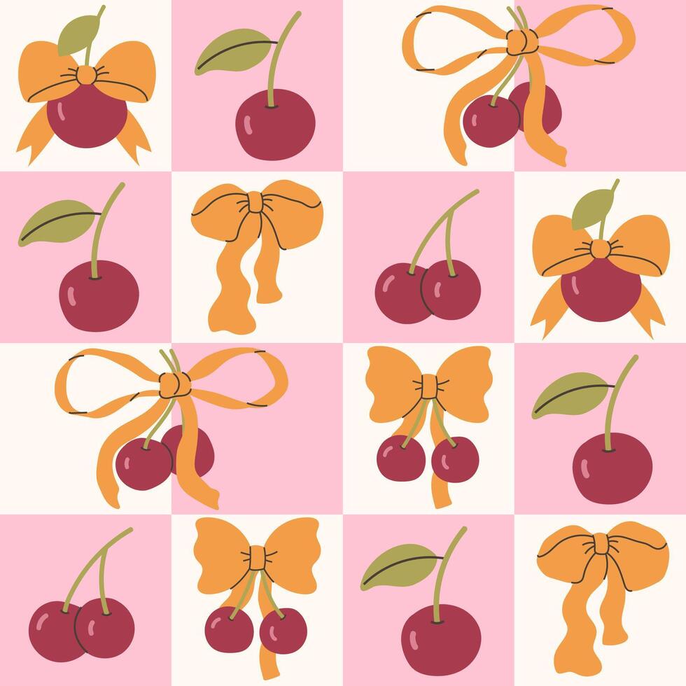 Geometric vintage pattern of cherries and hand drawn bows vector