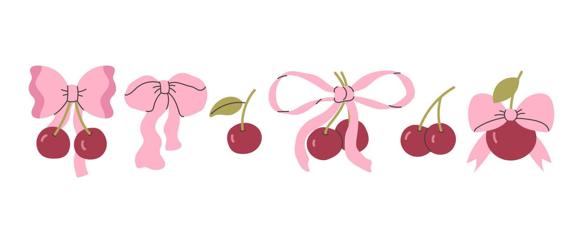 Set of modern cherries and hand-drawn bows vector