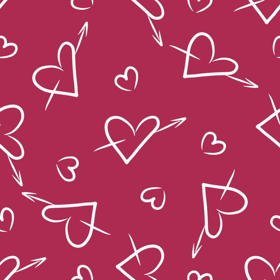 Pattern with doodle hearts on a dark pink background. Hand-drawn illustration vector