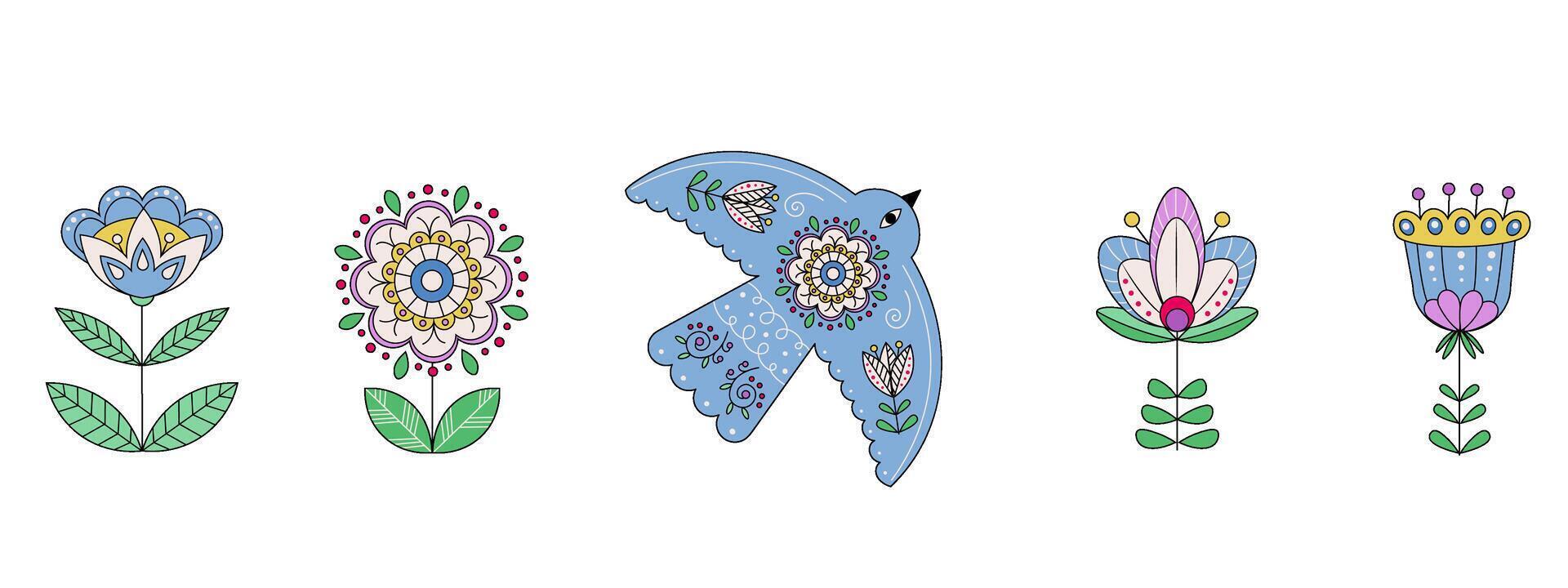 A set of plants in the Scandinavian style, abstract flowers. Bird with floral ornament in folk, pagan style vector