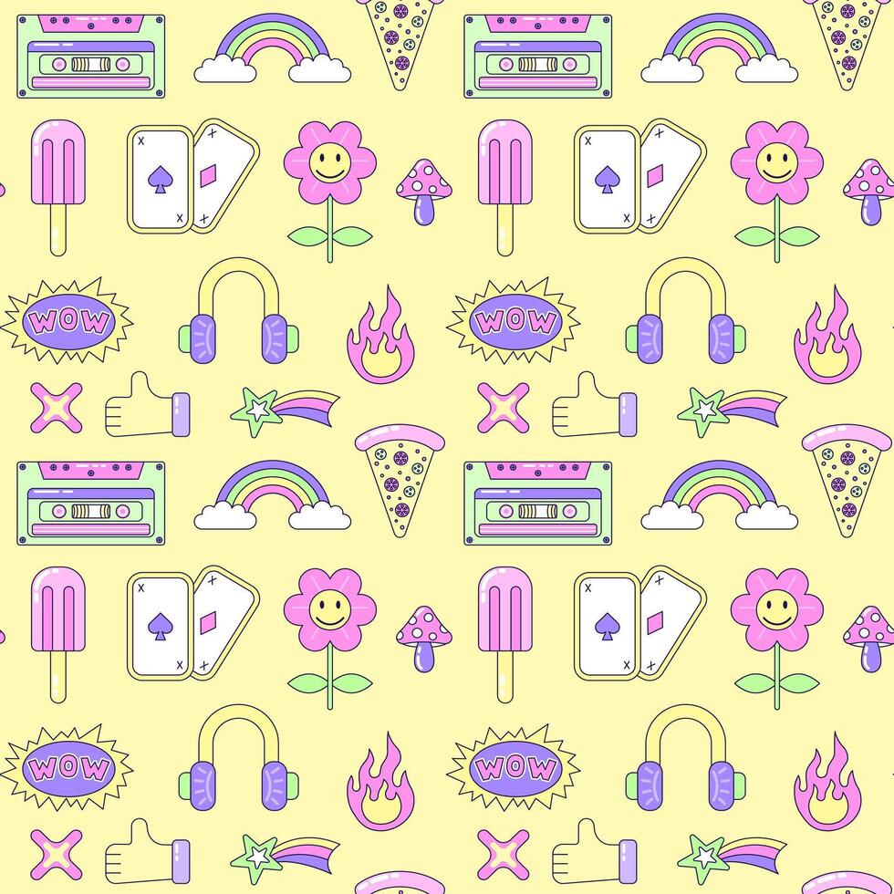 Seamless pattern with vintage Multicolored elements on yellow background. Retro illustration with outline in 90s style. illustration. vector