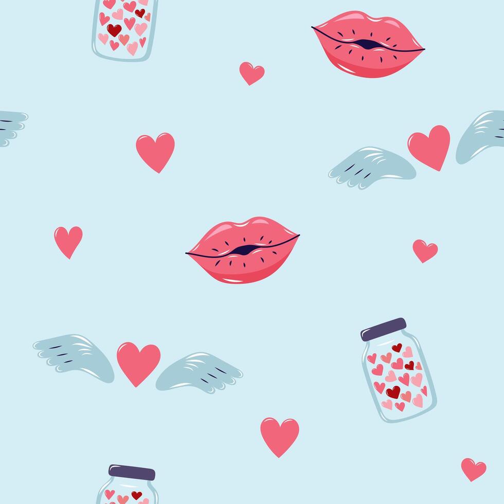 Valentine's Day Seamless pattern with hearts and Kissing lips. Cute background for textiles and packaging. illustration. vector