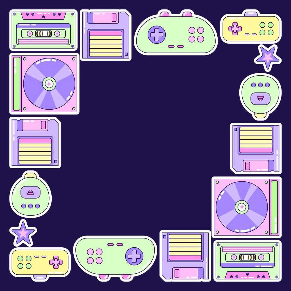 Square Frame Game and Music. Multicolored elements on dark background. Retro illustration with outline in 90s style. Isolated illustration. vector