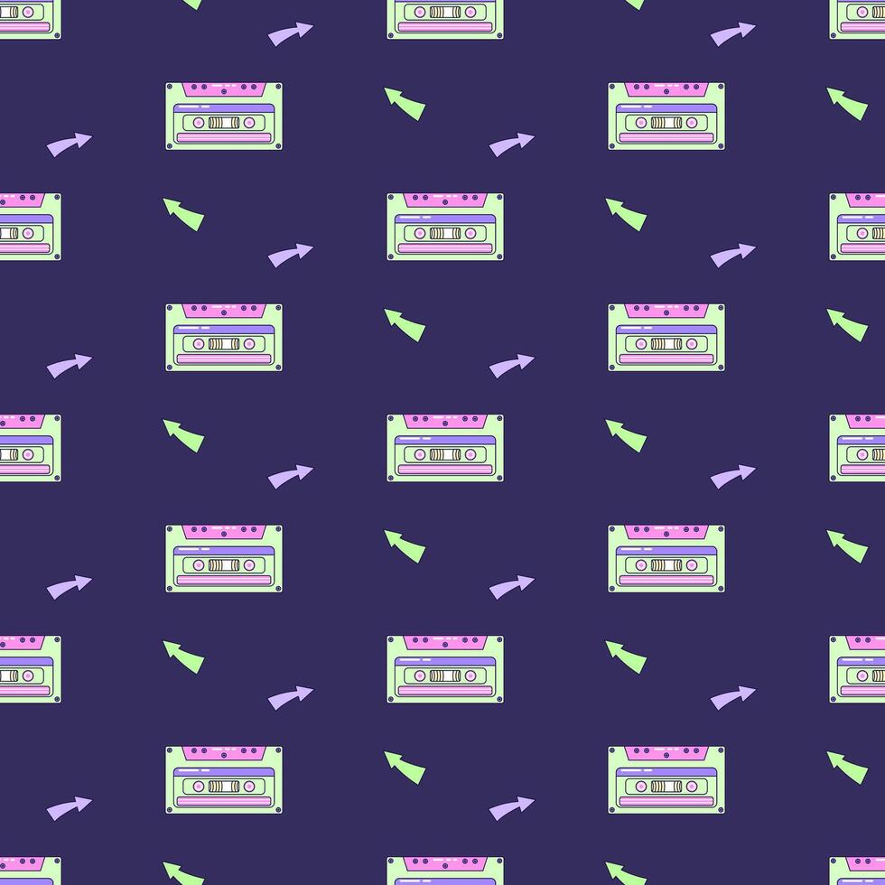 Seamless pattern with audio cassette. Multicolored elements on dark background. Retro illustration with outline in 90s style. illustration. vector