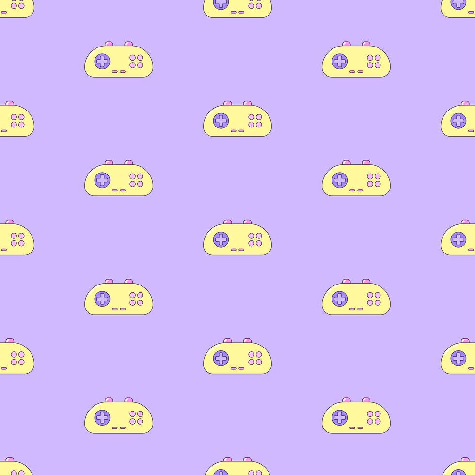 Seamless pattern with audio cassette and gamepad. Multicolored elements on purple background. Retro illustration with outline in 90s style. illustration. vector