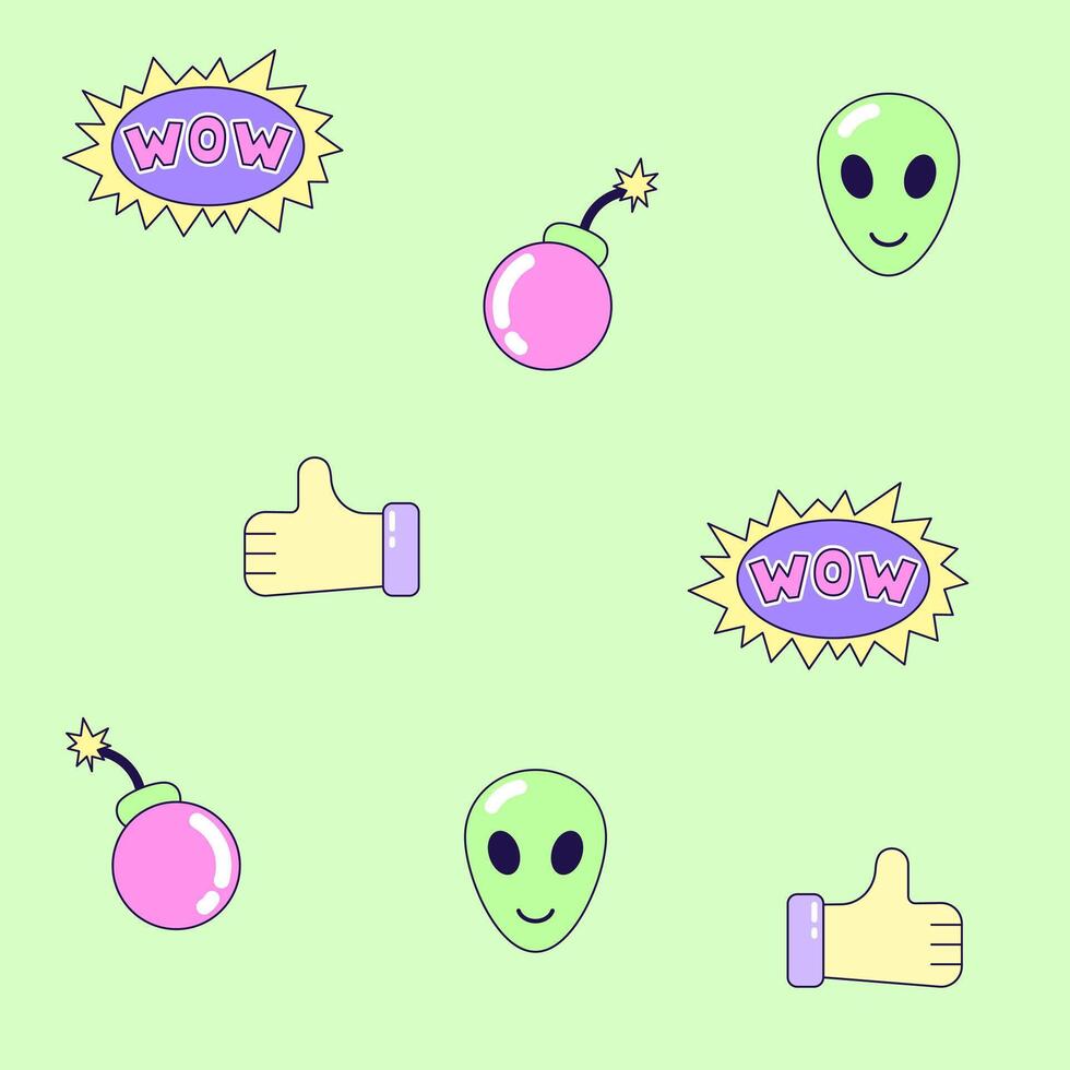 Seamless pattern with vintage bomb and alien in style of 90s. Multicolored elements on green background. Retro illustration with outline in 90s style. illustration. vector