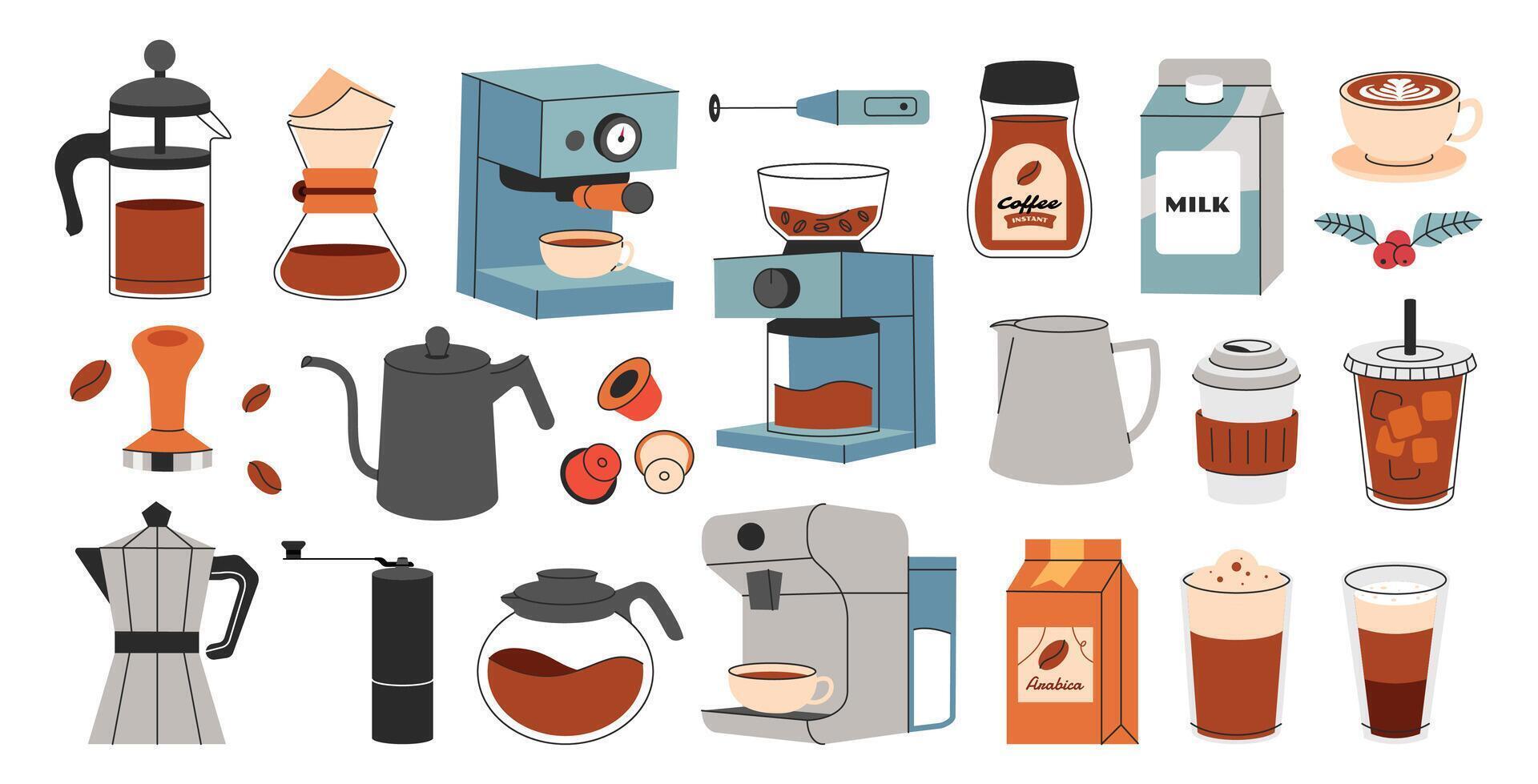Coffee equipment collection. Set of various coffee elements. Flat organic hand drawing line vintage style. vector