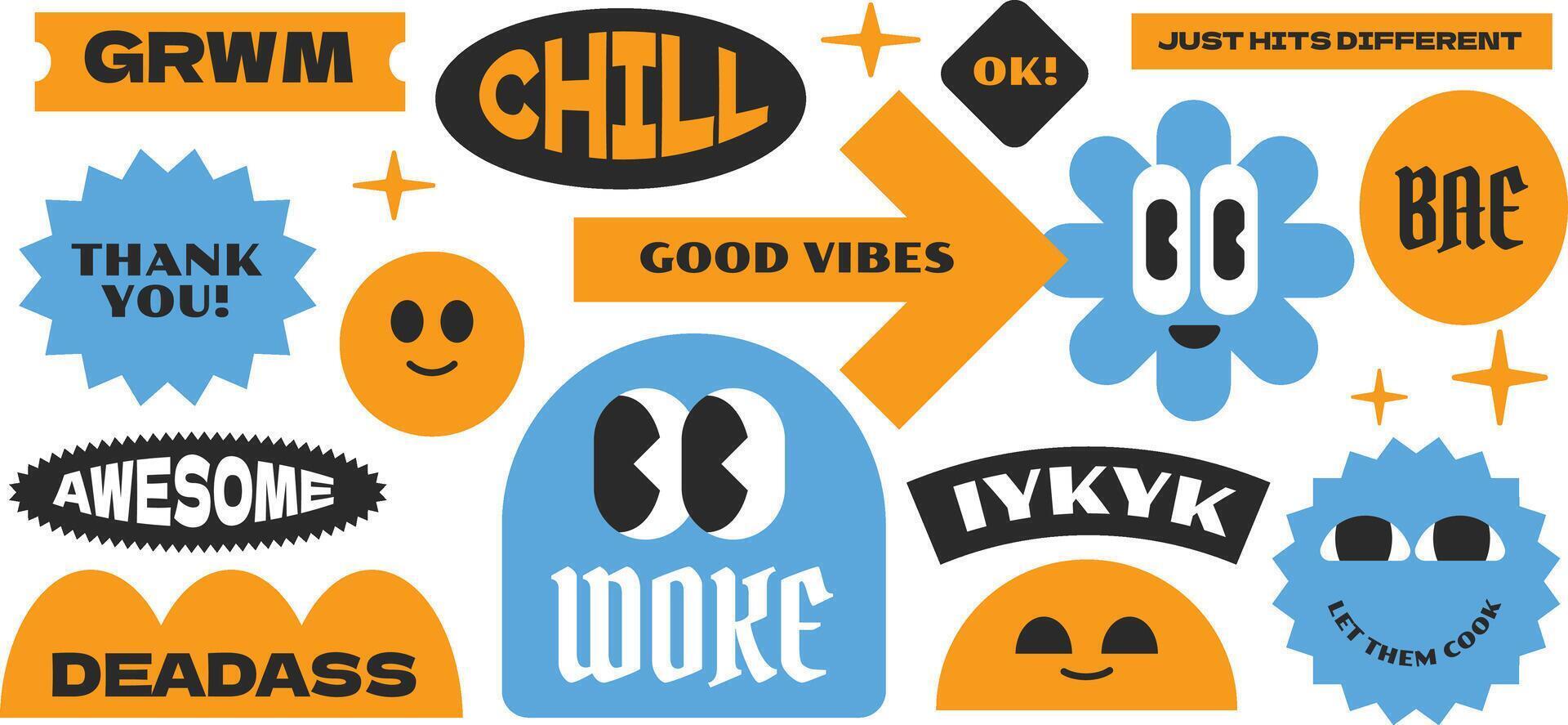 Groovy Vintage Stickers Collection. Trendy Tags and Quotes for Gen Z and Millennials vector