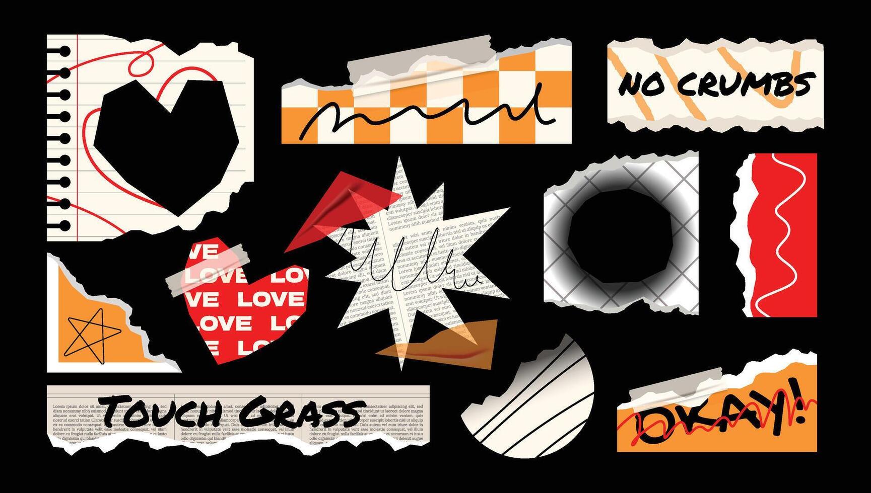 Tape paper torn wrinkles notebook, stickers, tags, labels template with text related to gen z and millenials collection. vector
