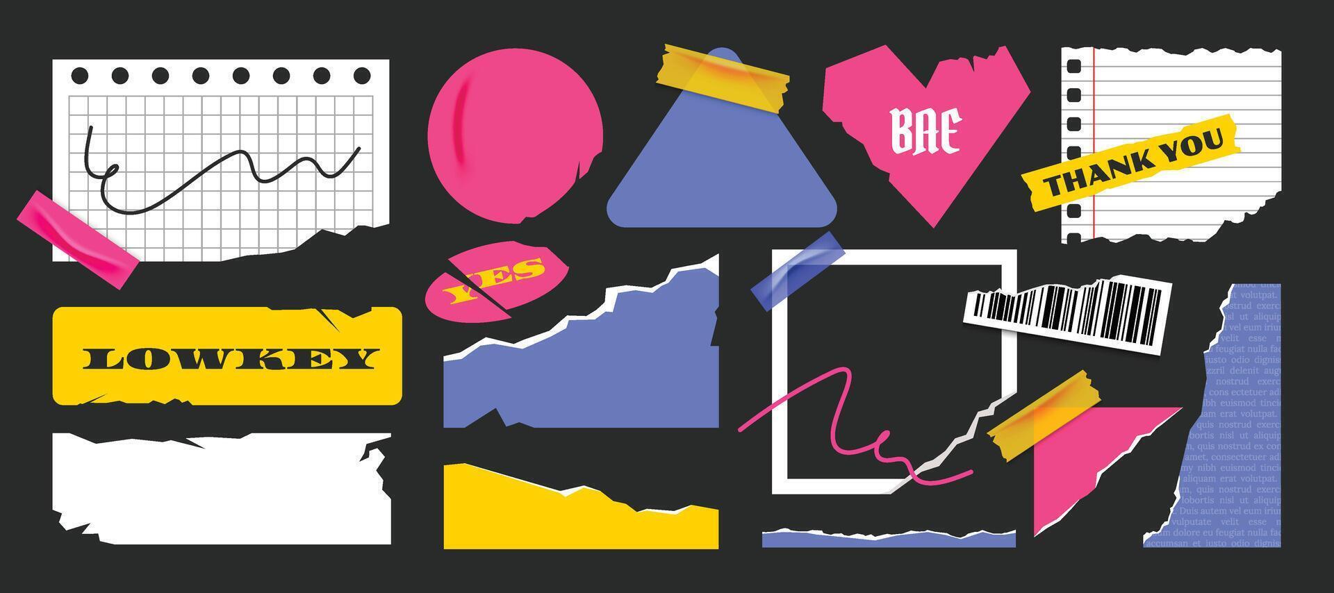 Tape paper torn element collection. Set of note paper sticker design template collection. vector